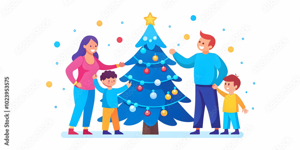 Family Decorating Holiday Tree Together, Hanging Ornaments and Sharing Laughter, Plain Background with Copy Space for Holiday Promotions | Photo Stock Concept Family Decorating Holiday Tree Together, Hanging Ornaments and Sharing Laughter, Plain Background with Copy Space for Holiday Promotions | Photo Stock Concept
