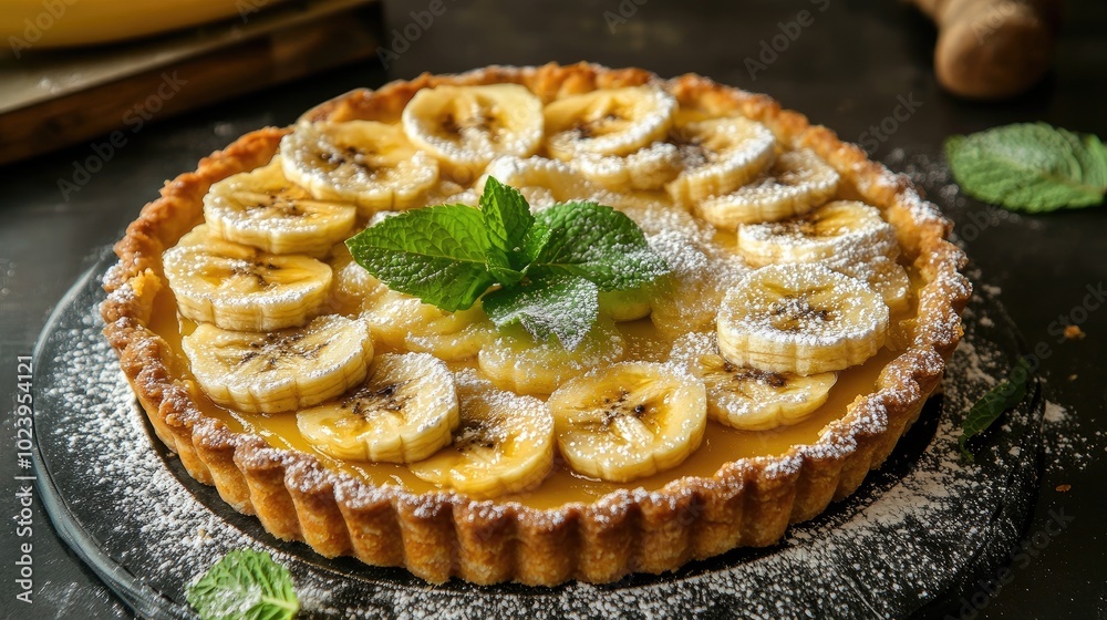 Delicious Banana Tart with Mint Garnish Delicious Banana Tart with Mint Garnish
