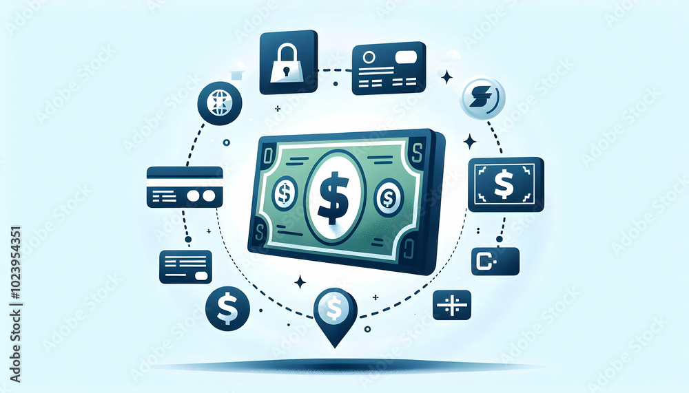 Flat Levitating Dollar Bill Surrounded by Payment Icons for Banking and Fintech Content - Simple Vector Illustration of Financial Transactions Flat Levitating Dollar Bill Surrounded by Payment Icons for Banking and Fintech Content - Simple Vector Illustration of Financial Transactions