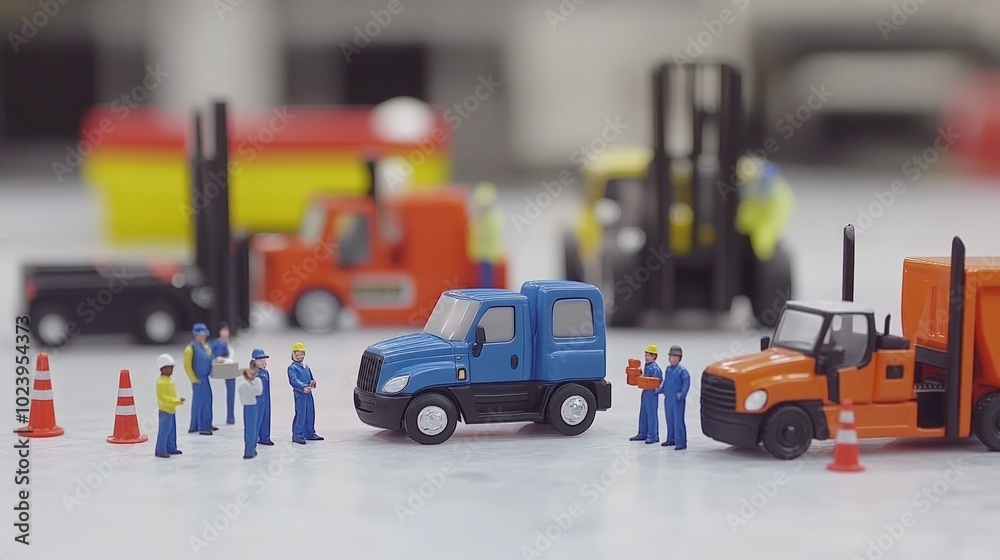 Fototapeta premium Miniature figures of construction workers standing around trucks and construction cones.