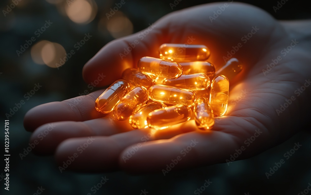Closeup of a hand holding capsules, glowing with a revolutionary new medicine treatment concept Closeup of a hand holding capsules, glowing with a revolutionary new medicine treatment concept