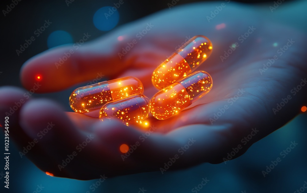 Closeup of a hand with glowing capsules, showcasing a new and revolutionary medicine treatment concept Closeup of a hand with glowing capsules, showcasing a new and revolutionary medicine treatment concept