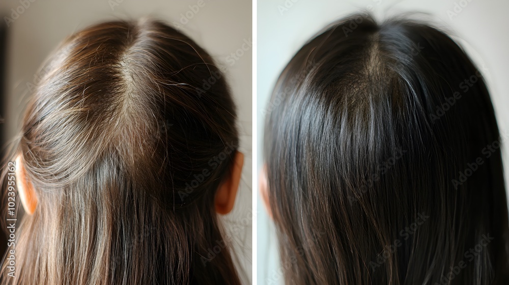 Hair thinning reversal testimonial, with before photos of patchy hair and after images demonstrating noticeable hair regrowth using natural remedies