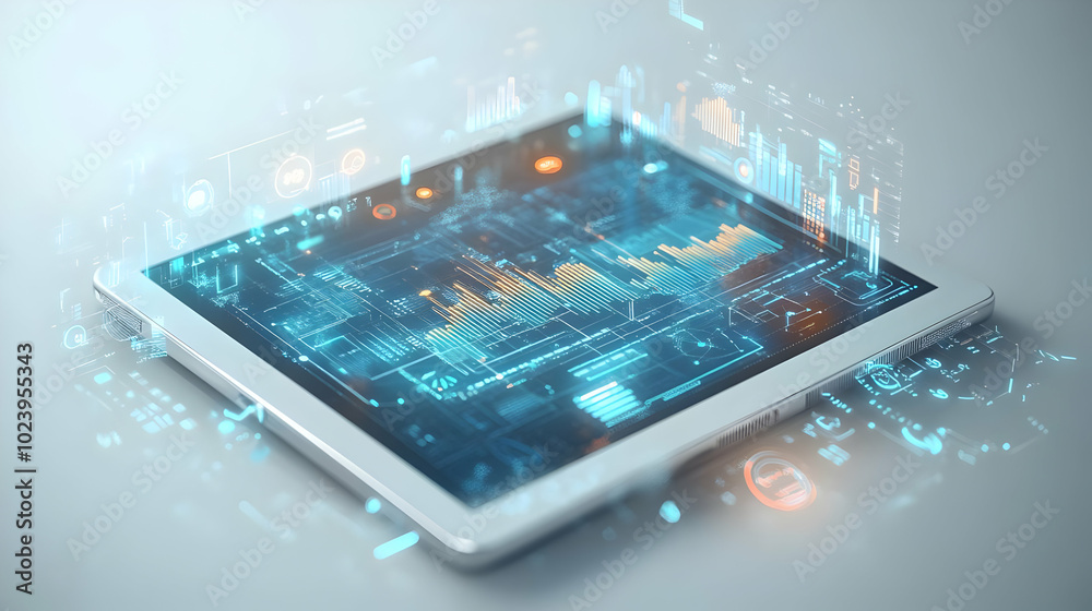 3D Holographic Tablet Visualizing Glowing Business Report Interface in Futuristic Office with Dynamic Data Symbols and Clean Copy Space 3D Holographic Tablet Visualizing Glowing Business Report Interface in Futuristic Office with Dynamic Data Symbols and Clean Copy Space