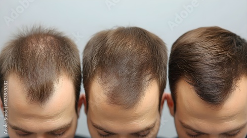 Visual timeline of monthly hair restoration progress, showing detailed before-and-after scalp photos, highlighting regrowth over time, Photorealistic, Clean Background photo