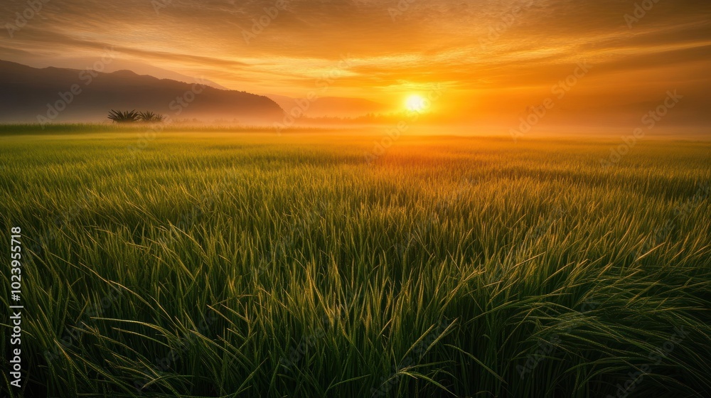 Fototapeta premium A vibrant sunrise illuminates a misty field of green grass, with distant mountains in the background.