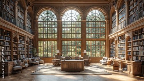 A grand, wood-paneled library with large arched windows, bookcases filled with books, and comfortable seating.