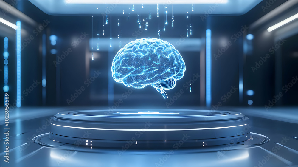 3D Holographic Podium with AI Brain Icon and Floating Growth Symbols - Futuristic Design for Business Presentations with Copy Space on White Background 3D Holographic Podium with AI Brain Icon and Floating Growth Symbols - Futuristic Design for Business Presentations with Copy Space on White Background