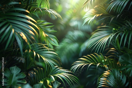 Tropical Palm Leaves on Green Background - 3D Render Illustration for Backdrop and Graphic Design