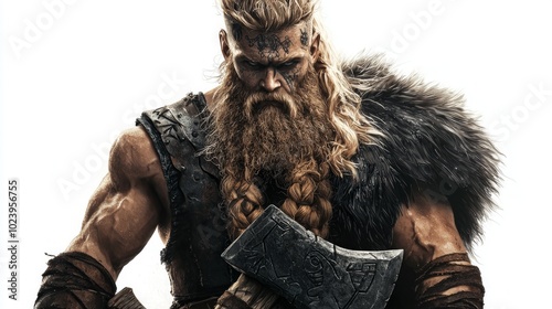 Tyr depicted as a powerful and muscular figure stands with an axe exuding strength and bravery. His long hair and beard reflect his formidable warrior persona. photo