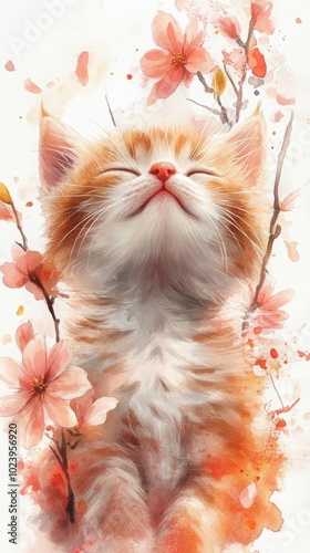Whimsical Watercolor: A Serene Cat Amidst a Floral Paradise of Daisies, Lilies, and Blossoms