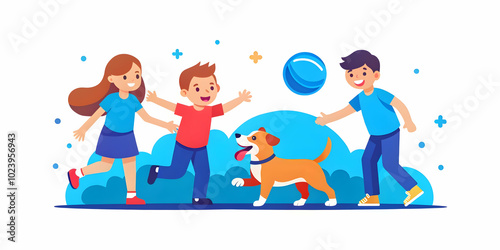 Siblings Enjoying Fun Moments Playing Fetch with Their Dog in a Sunny Backyard - Perfect for Family Bonding Concepts with Copy Space for Promotional Use