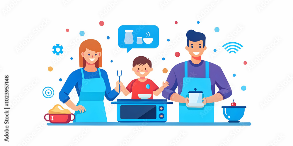 Candid Family Cooking Together with Home Assistant Guidance in Kitchen - Bonding, Technology, and Smart Home Convenience with Text Space Candid Family Cooking Together with Home Assistant Guidance in Kitchen - Bonding, Technology, and Smart Home Convenience with Text Space