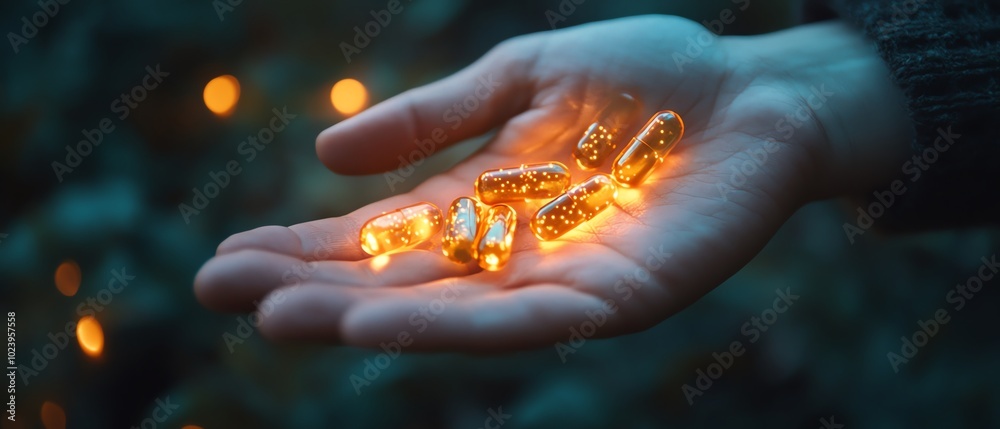 Hand holding bright, glowing capsules, representing a cuttingedge revolutionary medicine treatment breakthrough Hand holding bright, glowing capsules, representing a cuttingedge revolutionary medicine treatment breakthrough