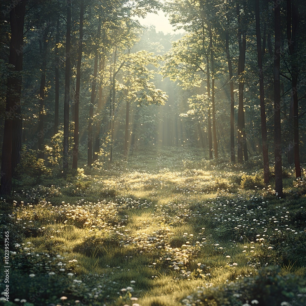 Fototapeta premium Sunbeams Through a Lush Forest Path