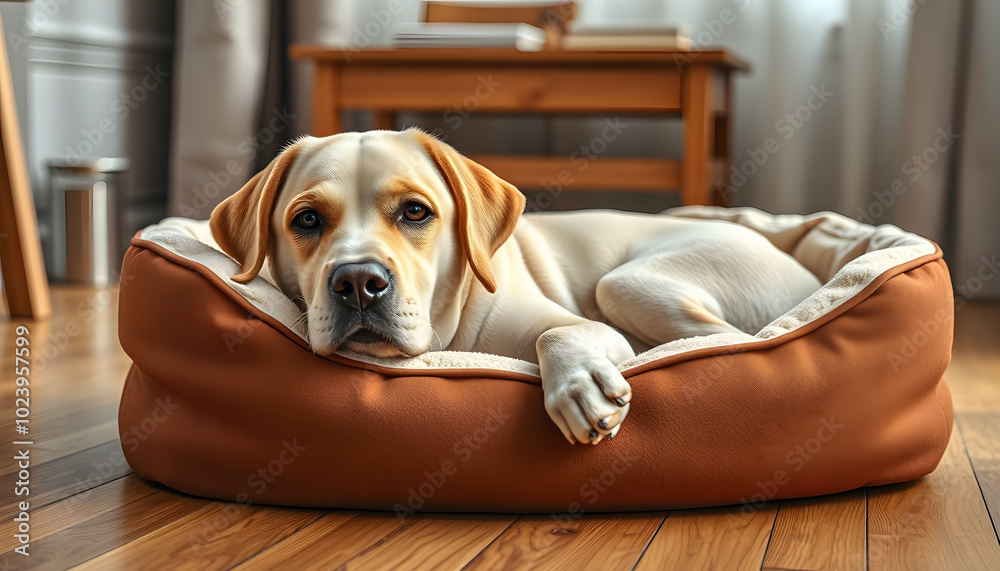 Adorable Labrador dog lying in pet bed at home isolated with white highlights, png Adorable Labrador dog lying in pet bed at home isolated with white highlights, png