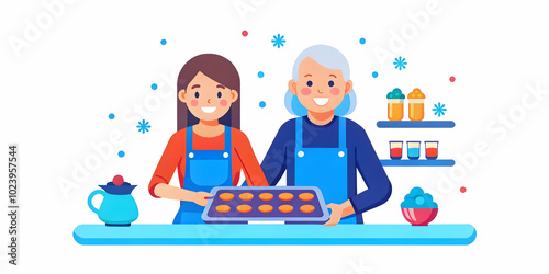 Delightful Intergenerational Bonding: Teenage Daughter and Elderly Mother Baking Cookies Together in a Bright, Homey Kitchen - Culinary Traditions and Sweet Memories | Photo Stock Concept