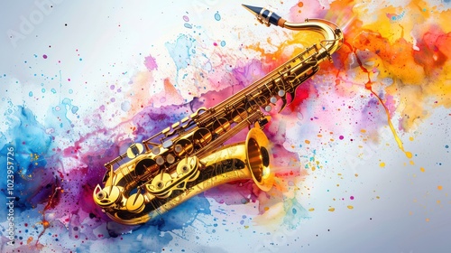 Colorful Saxophone Music: Vibrant Drops and Splashes in Background