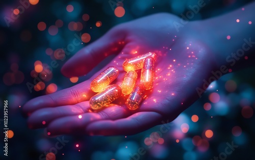 Hand holding glowing medication in the form of capsules, representing a new revolutionary medicine treatment photo