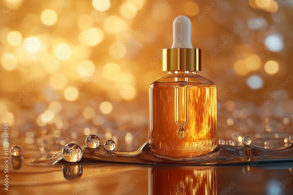 Glass bottle mockup of essential oil with golden bokeh lights on background. Copy space Glass bottle mockup of essential oil with golden bokeh lights on background. Copy space