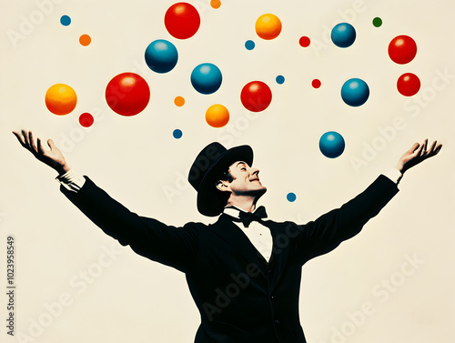 Vibrant Juggler Performer Showcasing Colorful Balls in Dynamic Circus Art Performance