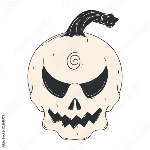 Pumpkin skull with spiral stem in black and white, Vector