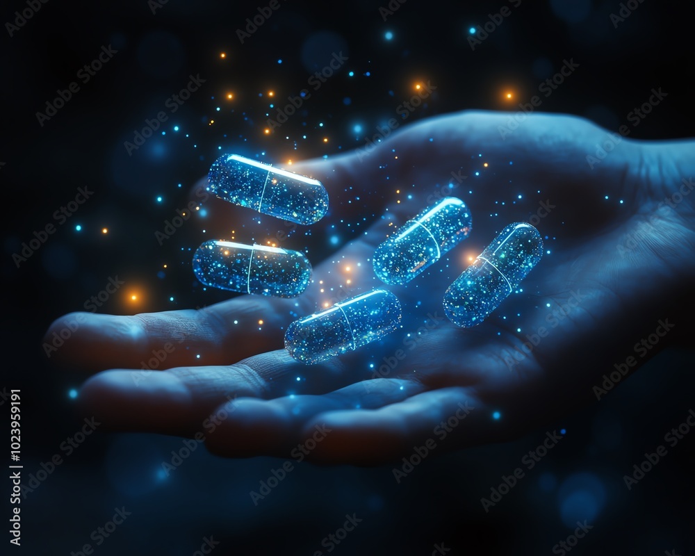 Revolutionary medicine treatment concept with a hand holding glowing capsules, representing breakthrough healthcare innovation Revolutionary medicine treatment concept with a hand holding glowing capsules, representing breakthrough healthcare innovation