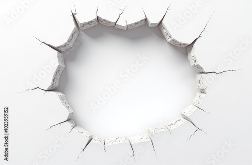 A large, cracked hole in white wall reveals empty space behind, showcasing a dramatic breakage effect in a modern interior setting