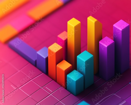 Brightly colored banking charts displaying investment fluctuations, colorful bar graphs rising and falling, engaging financial design