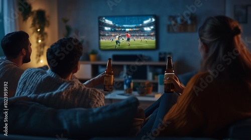 A group of friends sitting in a living room, holding bottles of beer while they cheer and watch a sports game on TV.