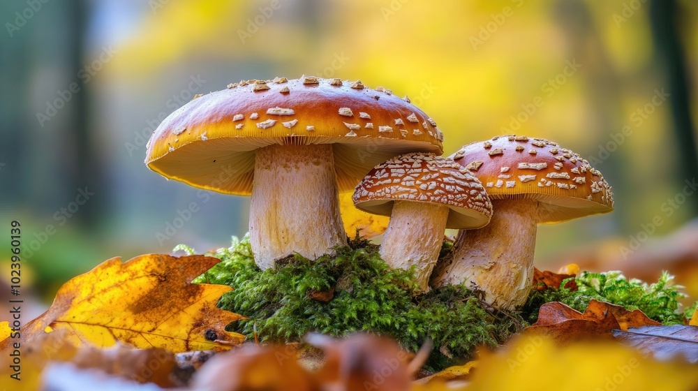 Fototapeta premium Colorful Mushrooms in Autumn Forest Setting