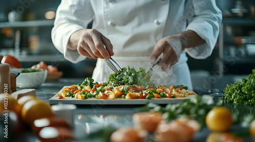 3D Candid Image of Chef Focused on Preparing Dish in Busy Kitchen, Showcasing Culinary Mastery and Innovation in Cooking Techniques