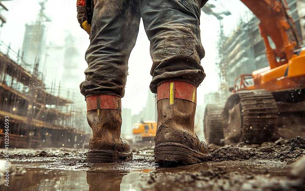 Strong legs of a construction worker, positioned on a construction site, surrounded by machinery and materials, focused labor scene Strong legs of a construction worker, positioned on a construction site, surrounded by machinery and materials, focused labor scene