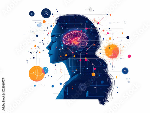 Flat Digital Brainwaves in Action: AI Interaction and Human Cognition Visualized in Vibrant Colors, Zooming into Neural Pathways and Mapping Cognitive Areas photo