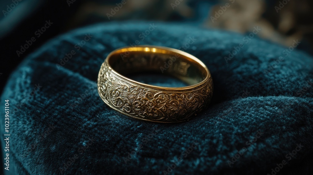 Elegant Gold Ring with Intricate Design on Velvet Base Elegant Gold Ring with Intricate Design on Velvet Base