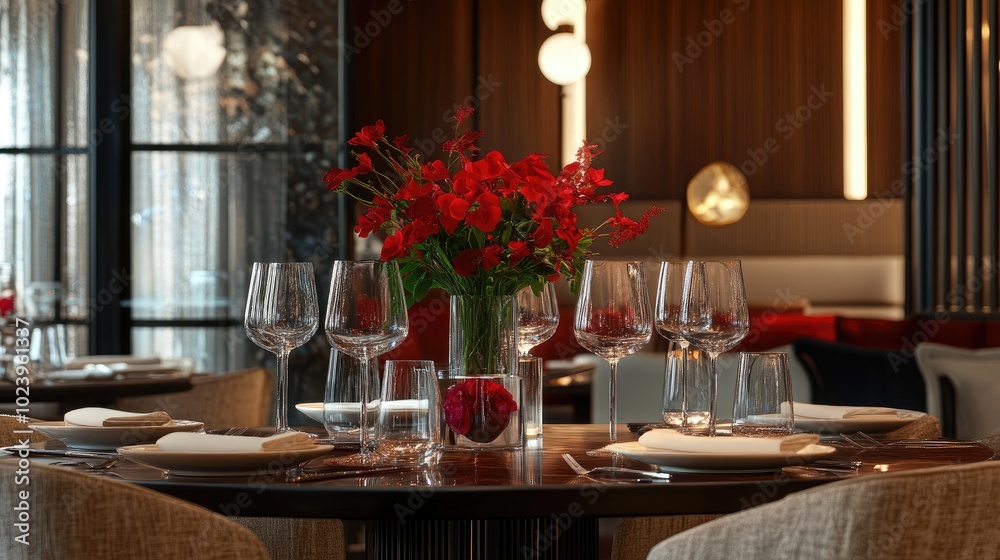 Elegant Dining Table with Flowers and Glassware Elegant Dining Table with Flowers and Glassware