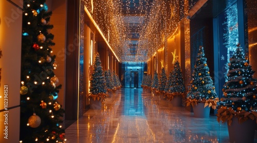 A long hallway decorated with Christmas trees and lights.