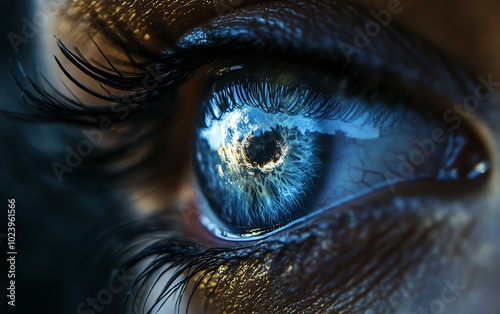 Intimate closeup of an eye, featuring the Moon in its reflection, representing a dreamers aspirations towards the cosmos