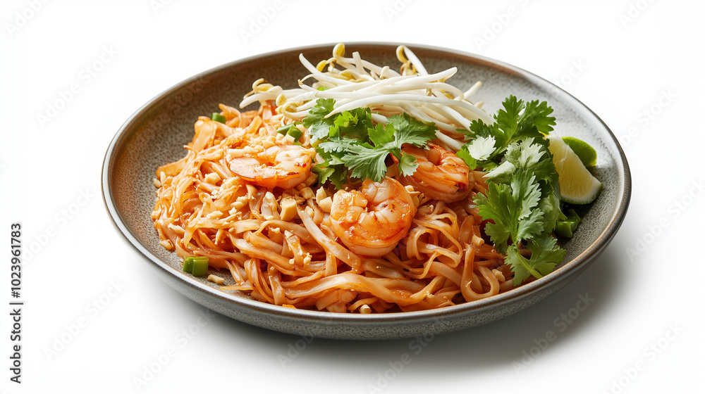 Delicious shrimp pad Thai with rice noodles, fresh bean sprouts, and cilantro, garnished with lime wedges, showcasing vibrant colors and textures. Delicious shrimp pad Thai with rice noodles, fresh bean sprouts, and cilantro, garnished with lime wedges, showcasing vibrant colors and textures.