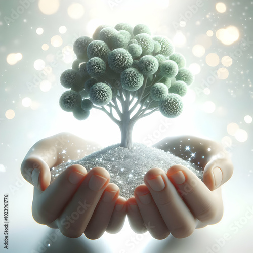 3D Soft Abstract Tree Growing from Cupped Hands Concept - Environmental Stewardship, Innovation, and Growth with Bokeh Lights Effect on White Background photo