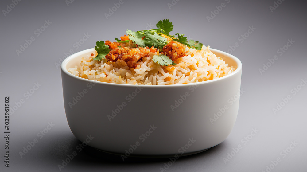 A delicious bowl of rice topped with flavorful fried chicken and fresh cilantro, perfect for satisfying meal. A delicious bowl of rice topped with flavorful fried chicken and fresh cilantro, perfect for satisfying meal.