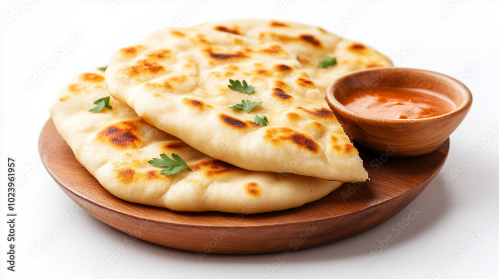 Delicious naan bread served on wooden plate with side of spicy sauce, garnished with fresh herbs, perfect for flavorful meal. Delicious naan bread served on wooden plate with side of spicy sauce, garnished with fresh herbs, perfect for flavorful meal.