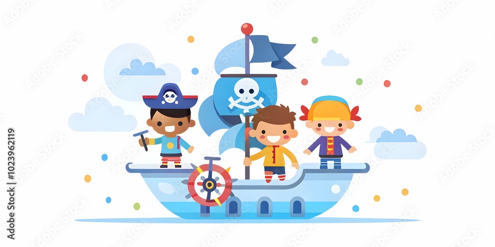Playful Scene of Children as Pirates Sailing a Pretend Ship on Playground with Soft Abstract Background and Copy Space for Promotions Playful Scene of Children as Pirates Sailing a Pretend Ship on Playground with Soft Abstract Background and Copy Space for Promotions
