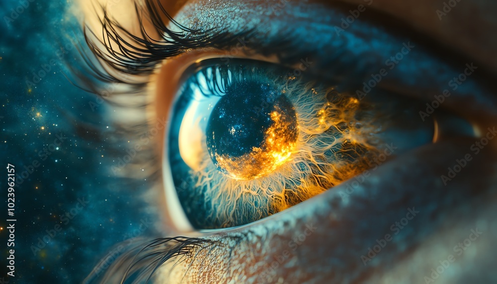 Artistic depiction of an eye, showing the Moons reflection, evoking dreams of space conquest and celestial wonders Artistic depiction of an eye, showing the Moons reflection, evoking dreams of space conquest and celestial wonders