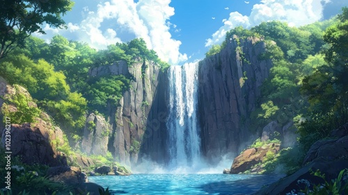 Lush Green Forest with a Cascading Waterfall