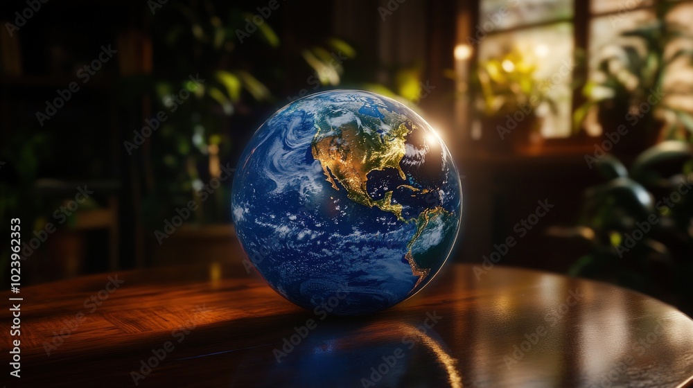 A globe of the Earth sits on a wooden table with a window and plants in the background. A globe of the Earth sits on a wooden table with a window and plants in the background.