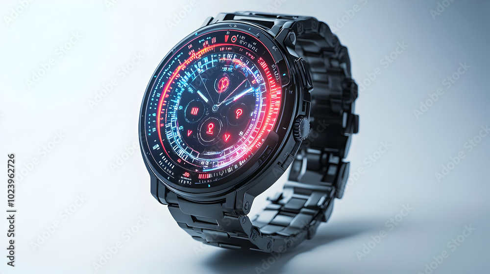 3D Digital Watch with Holographic Step Indicators and Automation Signals - Modern Smart Device Concept with Floating Icons and Ample Copy Space for Branding 3D Digital Watch with Holographic Step Indicators and Automation Signals - Modern Smart Device Concept with Floating Icons and Ample Copy Space for Branding