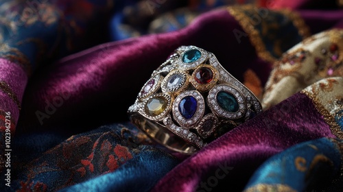 Elegant Ring with Multicolored Gems on Silk Fabric photo