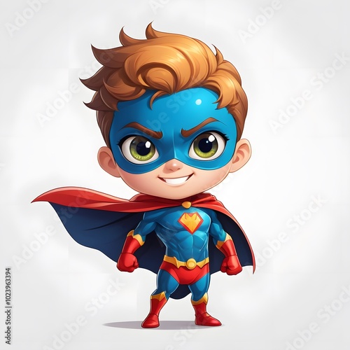 Energetic 2D chibi superhero with a cape and a big grin, exuding charm and youthful energy