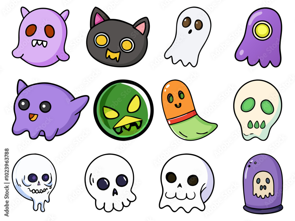 Obraz premium Spooky Ghosts and Skulls – Cute Halloween Vector Collection